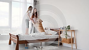 Girls jumping in the bed with golden retriever dog