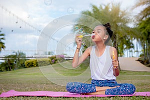 Girls kid happiness funny soap bubble in the park ,Laughing happy wi