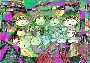 Girls and Kitty Cat Chorus Whimsical Art