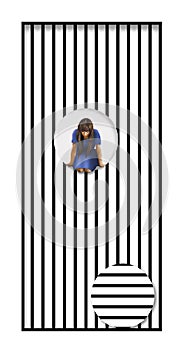 A girls leans out of an opening created in a wall of stripes.