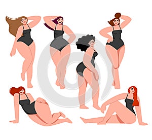 Girls with light skin in various poses. Body positive. Love your body