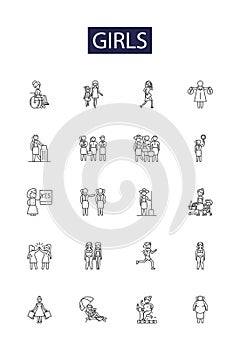 Girls line vector icons and signs. Females, Women, Ladies, Teens, Adolescents, Chicks, Maiden, Damsel outline vector