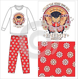 girls long t shirt long pant butterfly & flower print vector