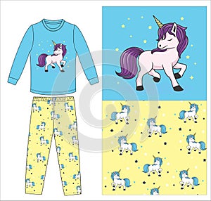 girls long t shirt long pant with little unicorn star print vector