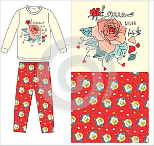 girls long t shirt long pant rose flower print vector