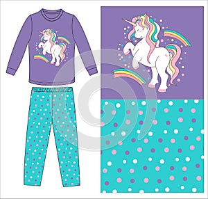 girls long t shirt long pant with unicorn print vector