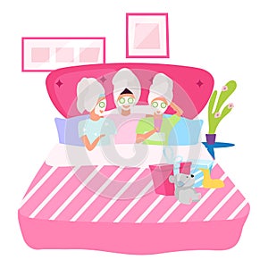 Girls night flat vector illustration. Girlfriends applying facial masks cartoon characters. Female friends in bed, sleeping