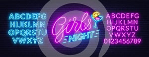 Girls Night neon lettering on brick wall background.