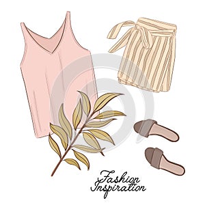 Girls outlook: shorts, shoes and top in pastel colors, decorated with palm leave. Trendy fashion illustration. Magazine article fl