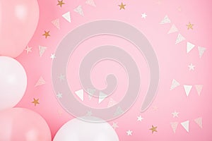 Girls party accessories over the pink background. Invitation, bi