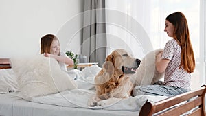 Girls with pillows and golden retriever dog