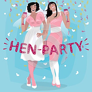 Girls in pink wedding dresses welcome to hen party