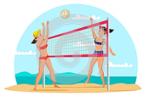 Girls playing beach volleyball flat illustration. Professional players in sportswear cartoon characters. Team training
