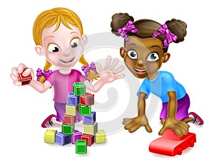 Girls Playing With Building Blocks and Car