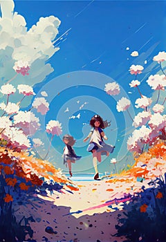 Girls playing in a field of flowers. Ia generative.