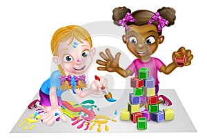 Girls Playing with Paints and Blocks