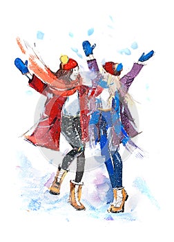 Girls playing with snow. Christmas celebration friendship winter Watercolor.