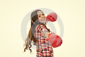 Girls power concept. Upbringing confidence and strong character. Female rights and liberties. Girl boxing gloves ready