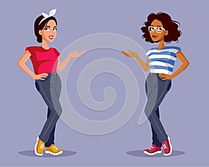 Girls Promoting a Sale Marketing Offer Vector Cartoon Drawing Illustration