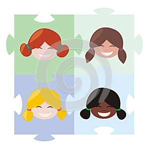 Girls puzzle - teamwork globalization union symbol