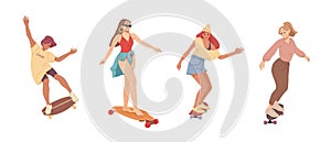 Girls ride on skateboards Trendy female teenagers