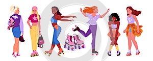 Girls in roller skates set, rollerskating collection with female characters move with fun