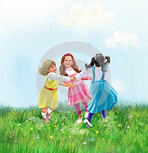 Girls roundelay, Happy little girls dancing Summer Sunny  Day poster watercolor