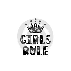 Girls rule. Hand drawn nursery print with crown. Black and white poster