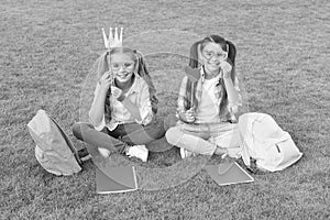 Girls school pupils having fun together fresh air, booth props concept