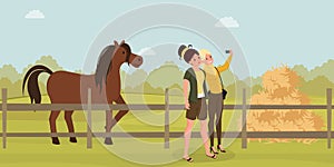 Girls selfie on farm flat illustration. Young women photographing horse cartoon characters. Female tourists visiting