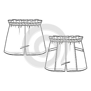 Girls Woven Shorts with front pockets fashion flat sketch template. Technical Fashion Illustration. Paperbag Elastic waist. Front photo