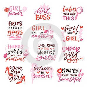 Girls sign vector girlie lettering and beautiful female text or girlish fashion template print illustration set of