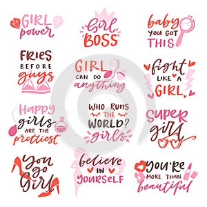 Girls sign vector girlie lettering and beautiful female text or girlish fashion template print illustration set of photo