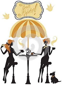 Girls silhouettes, Illustration of two young women drinking coffee and chatting on Paris street cafe. Elements for restaurant, ba