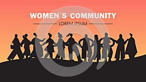 Girls silhouettes standing together female empowerment movement women`s community union of feminists concept