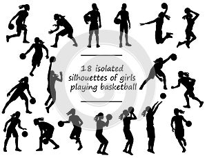 Girls silhouettes of womens basketball players standing with the ball, running, jumping, throwing, shooting