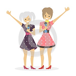 Girls singer singing song .Duet women. Character vector flat illustration people.