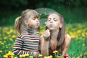 Girls sisters blowing dandelion seeds away in the meadow.