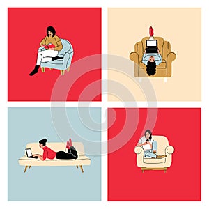 Girls sitting in armchair, sofa at home. Woman with laptop, mobile phone and book on the chair, sofa. Freelance or