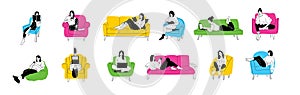 Girls sitting in armchair, sofa at home. Woman with laptop, mobile phone and book on the chair, sofa. Freelance or