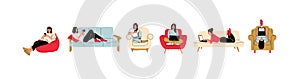 Girls sitting in armchair, sofa at home. Woman with laptop, mobile phone and book on the chair, sofa. Freelance or