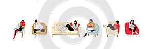 Girls sitting in armchair, sofa at home. Woman with laptop, mobile phone and book on the chair, sofa. Freelance or