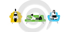 Girls sitting on sofa at home. Women with laptop on the couch. Freelance or studying concept. Female character, chatting