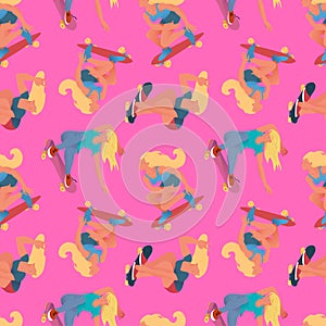 Girls skateboarders pattern. Flat vector seamless pattern. Cool girls ride on skateboard, pink background.