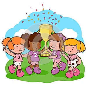 Girls soccer players holding a golden championship trophy. Vector illustration