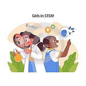 Girls in STEM concept. Flat vector illustration