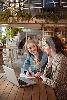 Girls. Students Studying With Laptop. Beautiful Young Women Having Discussion. Smiling Blonde And Brunette Looking At Each Other