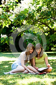 Girls studying outdoors