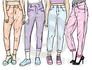 Girls in stylish jeans and shoes. Slender female feet. Vector illustration for a postcard or a poster, print for clothes.