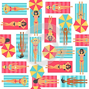 Girls sunbathe in the beach. Seamless pattern.